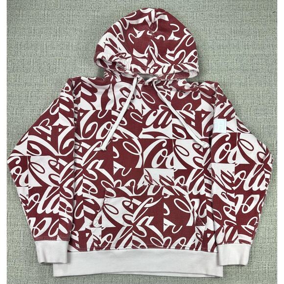 Kith Coca-Cola Hoodie Sweatshirt Sz Large Burgundy White All Over Logo AOP Print - Picture 1 of 15